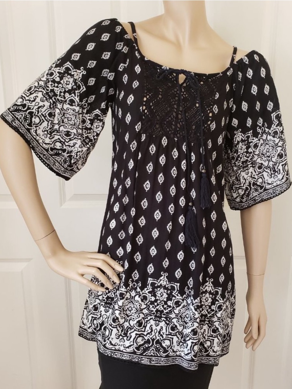 Angie Black & White Printed Peasant Tunic with Lace Yoke